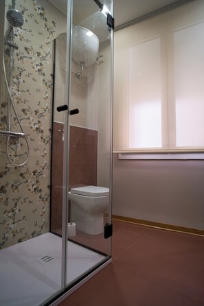 Shower, hair dryer, bidet, towels