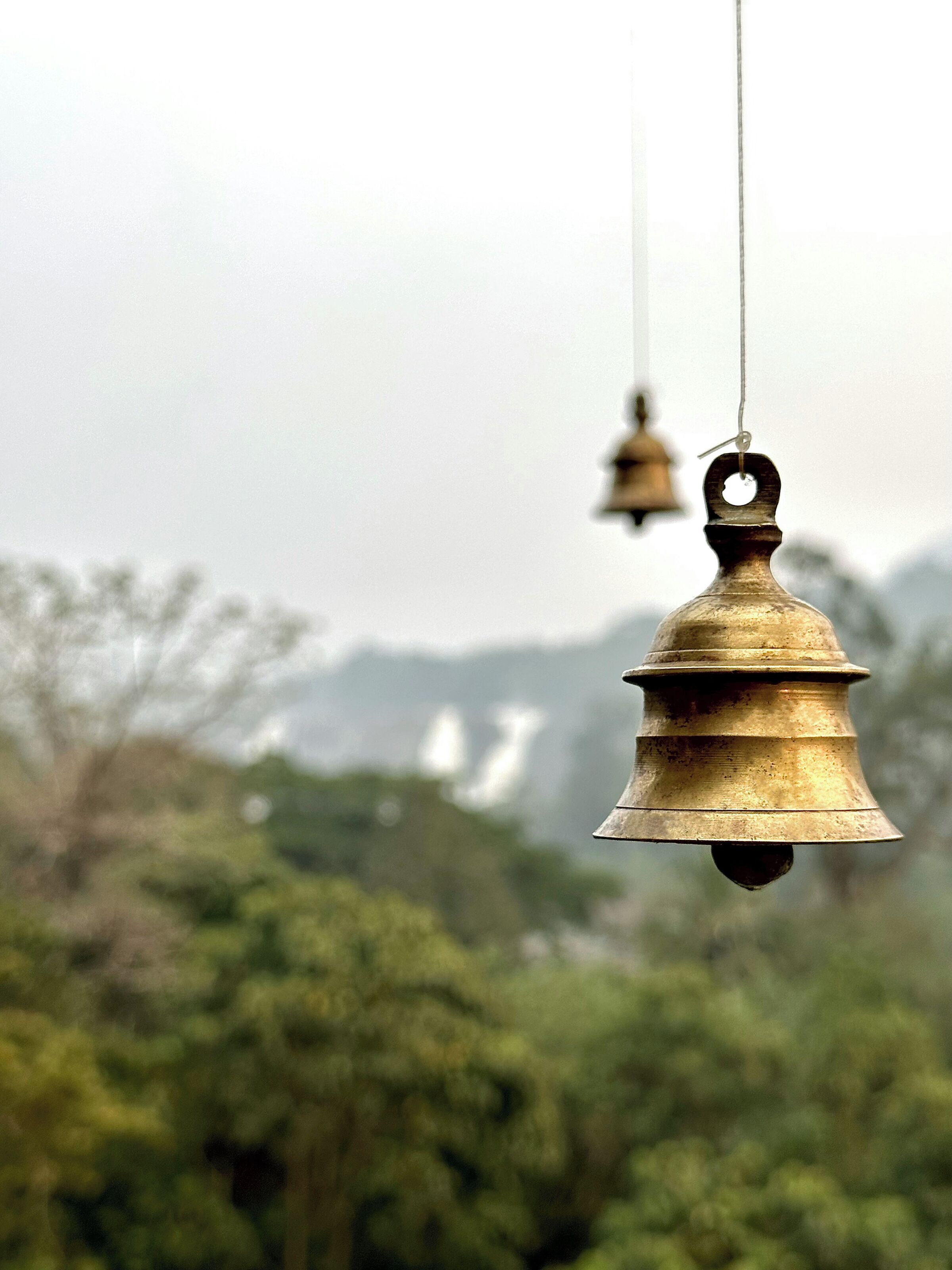 Three hanging bells against a blurred natural background.