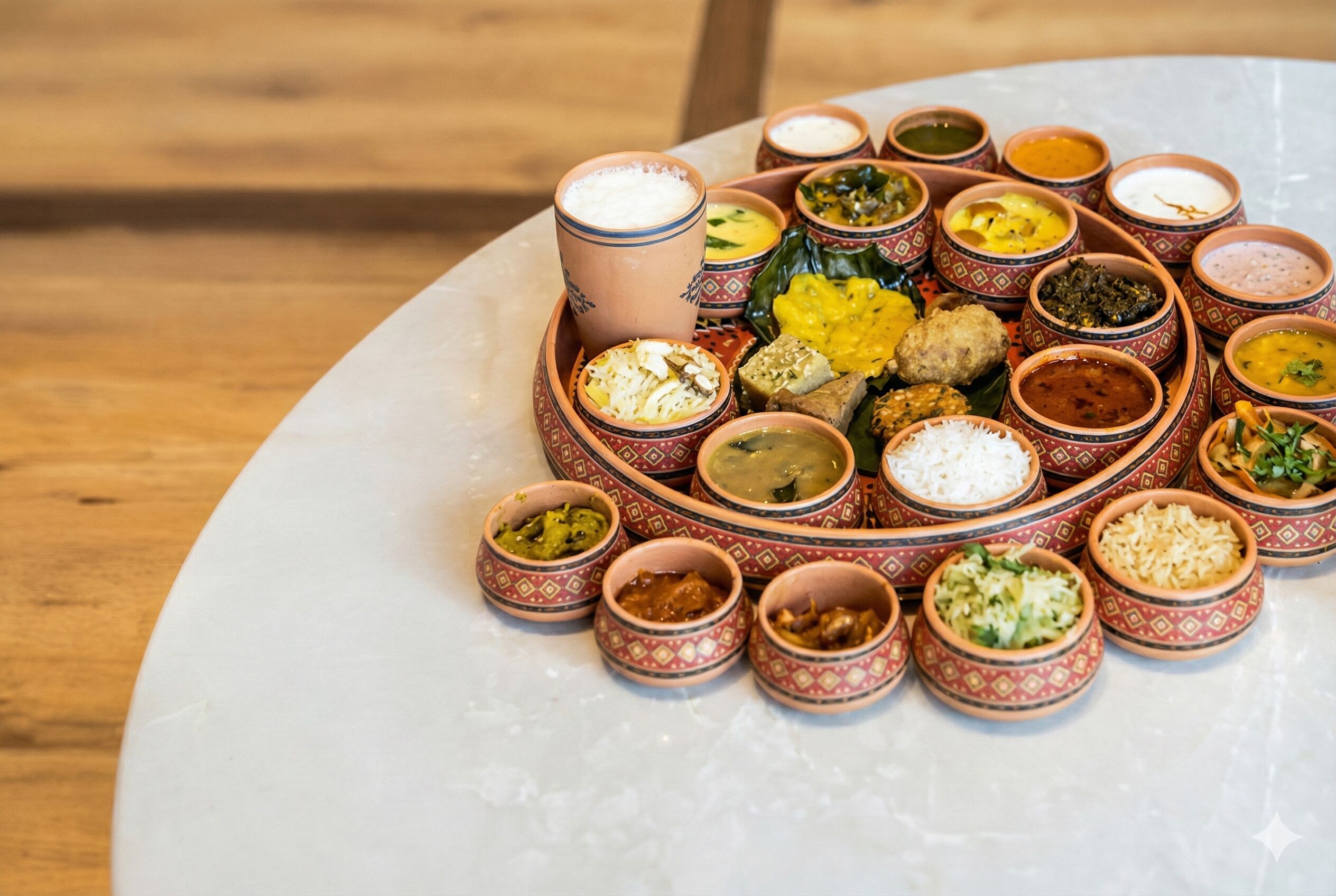 A variety of dishes in small clay bowls arranged on a white plate.