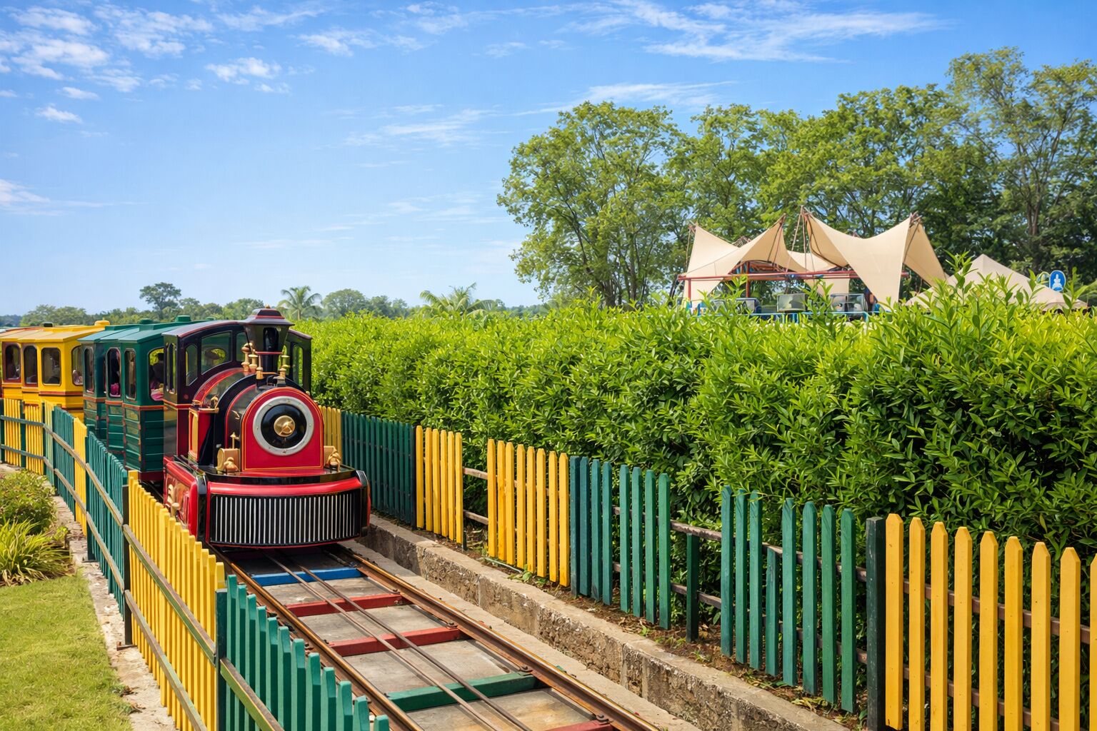 Un tren en miniatura sobre rieles, con una cerca a un lado y árboles al fondo.