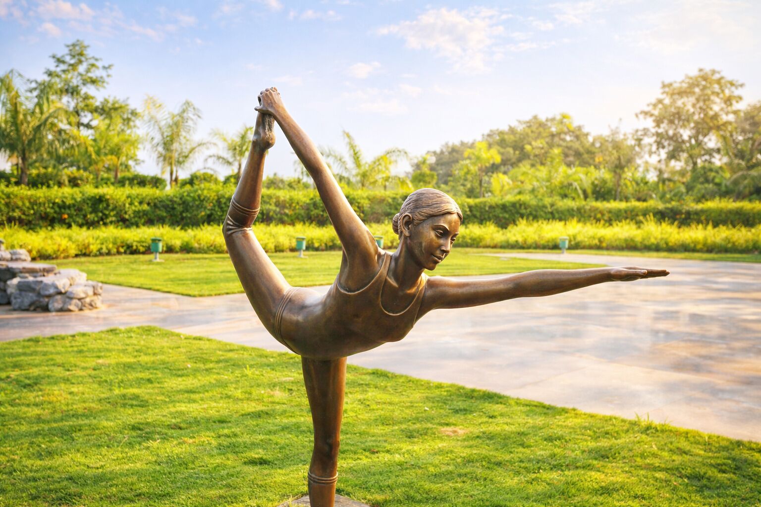 A bronze statue of a person in a yoga pose on a grassy area with a pathway and greenery in the background.