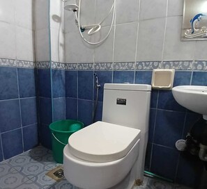 Une salle de bain avec des toilettes, un lavabo et une douche.