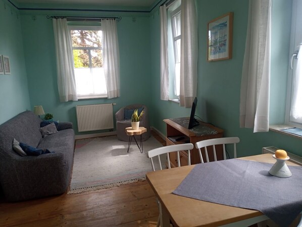 A room with a sofa, a small table, a chair, a radiator, a window with curtains, and a plant.
