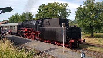 Eine Dampflokomotive auf Gleisen mit Bahnsteig und Bäumen im Hintergrund.