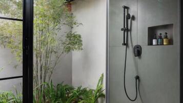 A modern shower area with a glass door, a bamboo plant, and a built-in shelf with toiletries.