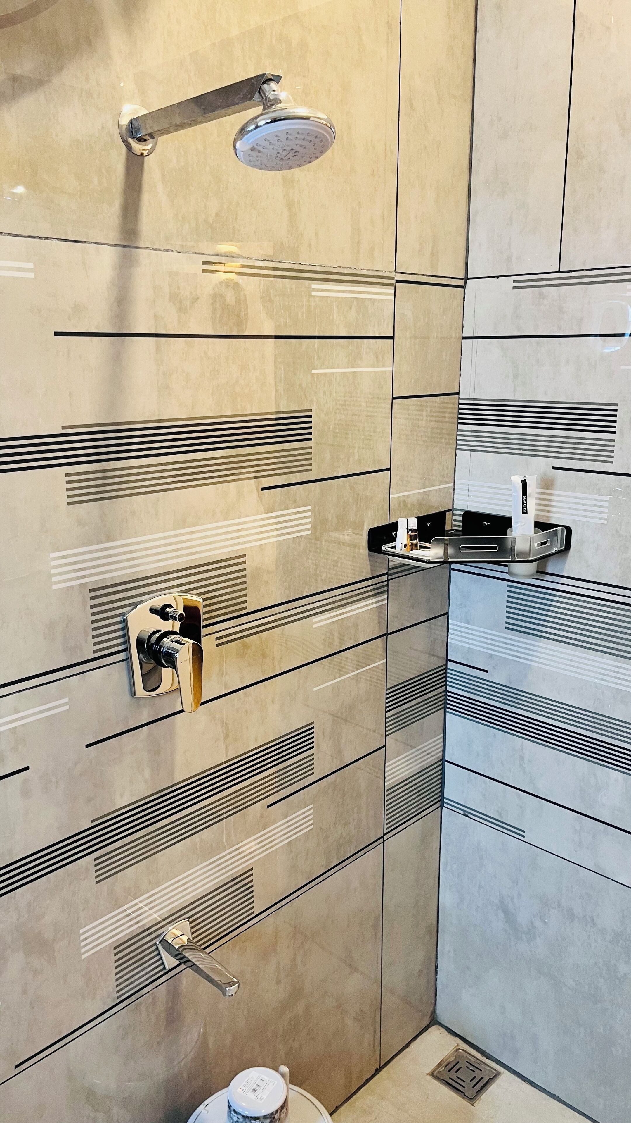 Een douche, gratis toiletartikelen, zeep, shampoo