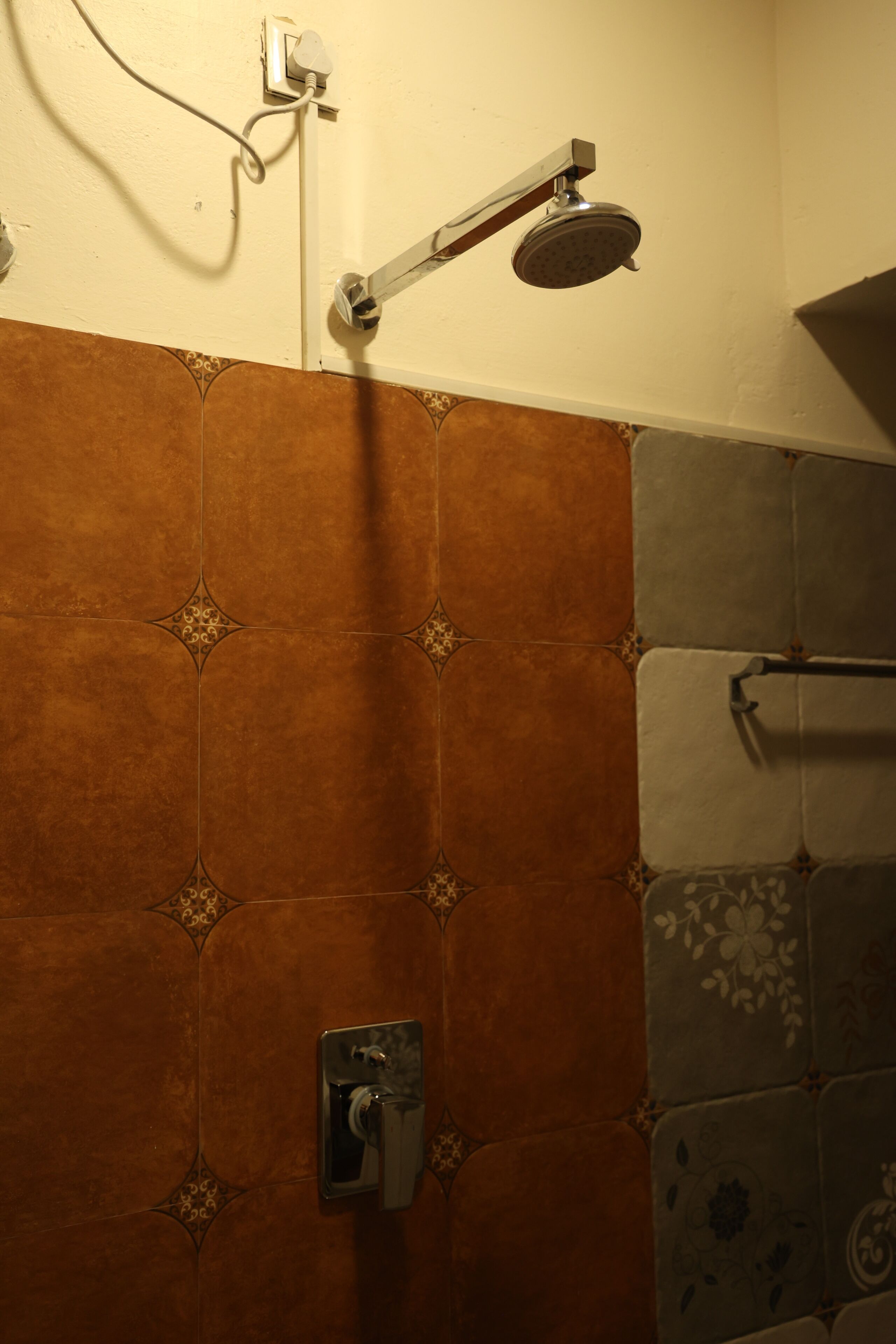 A shower area with a handheld showerhead and a wall-mounted faucet.