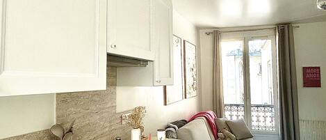 Fridge, microwave, cookware/dishes/utensils