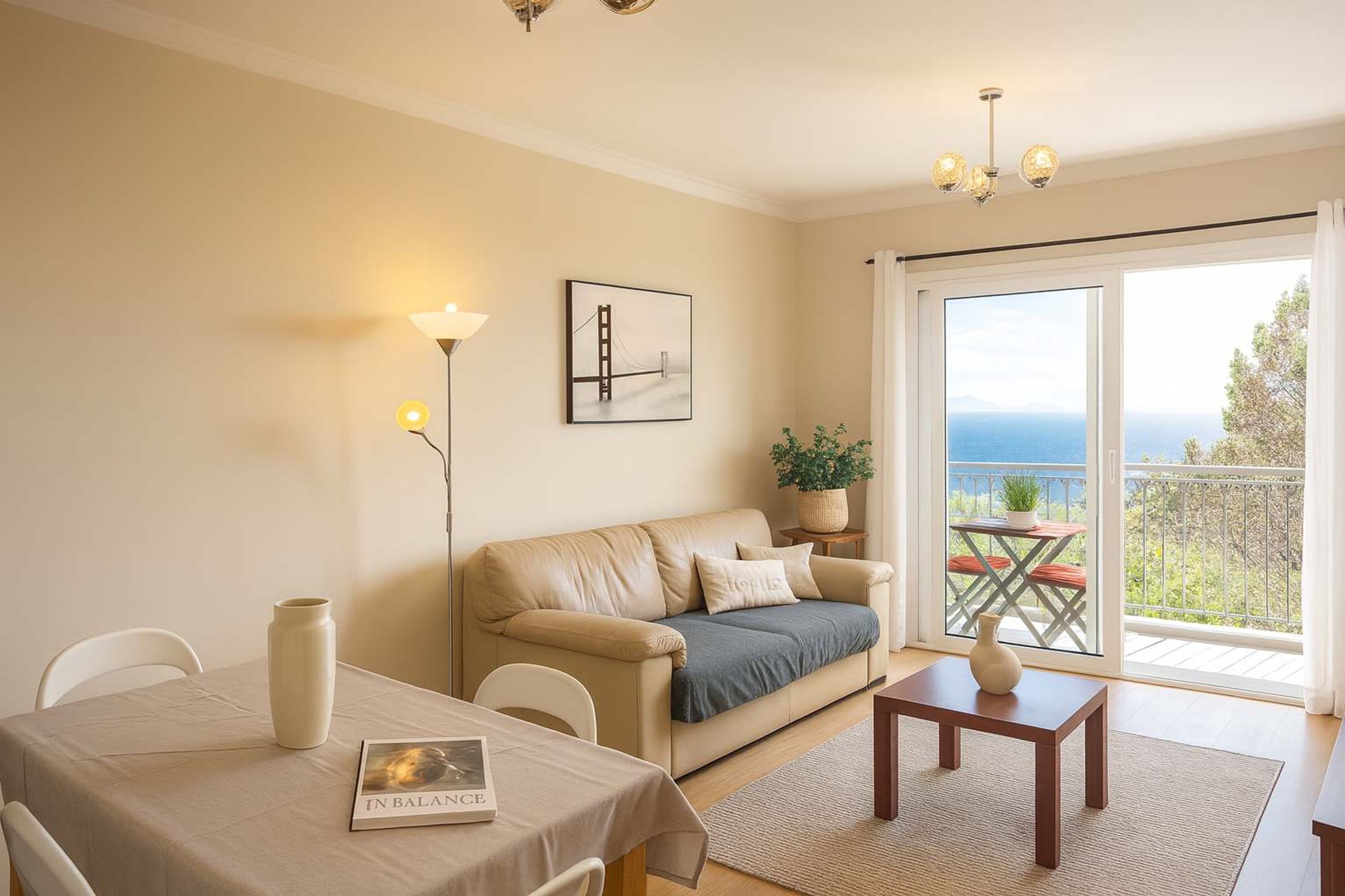 A living room with a sofa, a table with a book, a floor lamp, and a view of the sea through a sliding door.