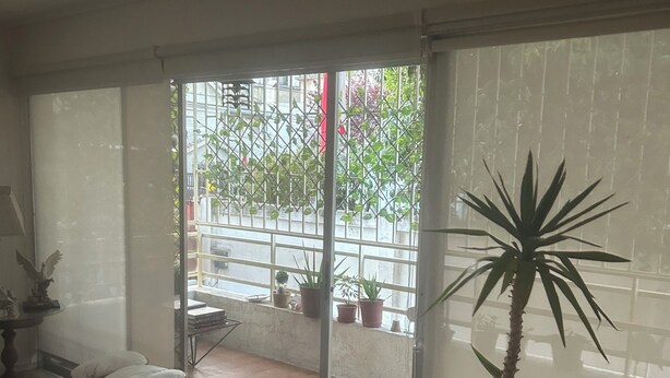 A room with a wooden floor, a bench, a potted plant, and a sliding glass door leading to an outdoor area with a railing and potted plants. - Viña del Mar, nice room in a very privileged tourist sector (Viña del Mar)