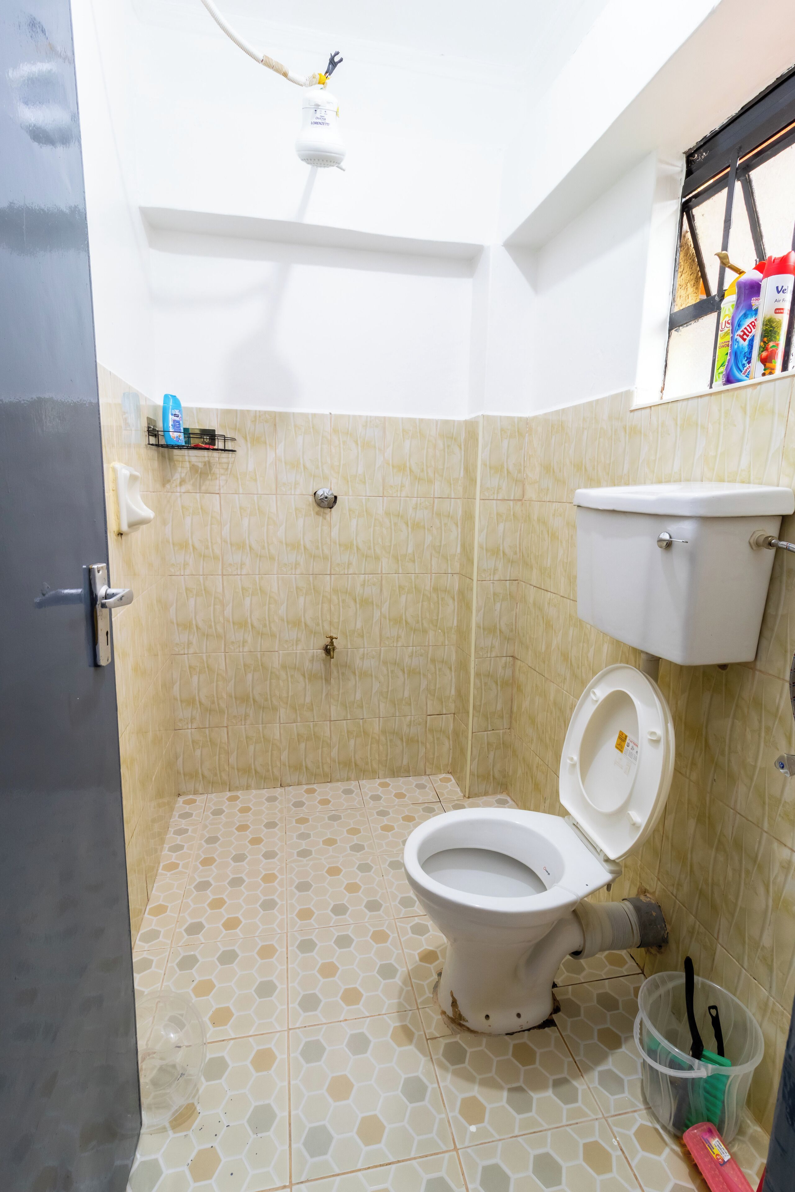 Shower, towels, soap, toilet paper