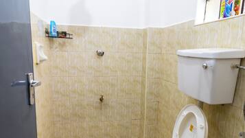Shower, towels, soap, toilet paper