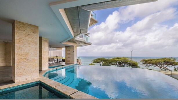 Una piscina a sfioro con vista sul mare e su un albero.