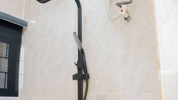 Shower, towels, toilet paper