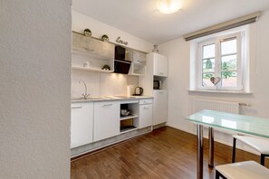 Fridge, microwave, stovetop, electric kettle