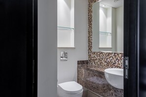 Hair dryer, towels, soap, toilet paper