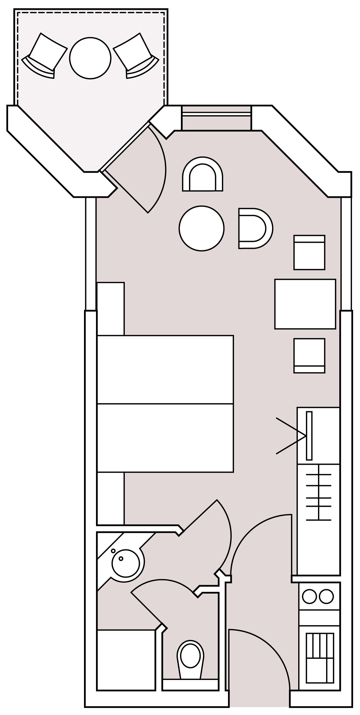 Un plan d’étage d’une chambre d’hôtel comprenant un lit, un bureau, une chaise, une armoire et une salle de bain.