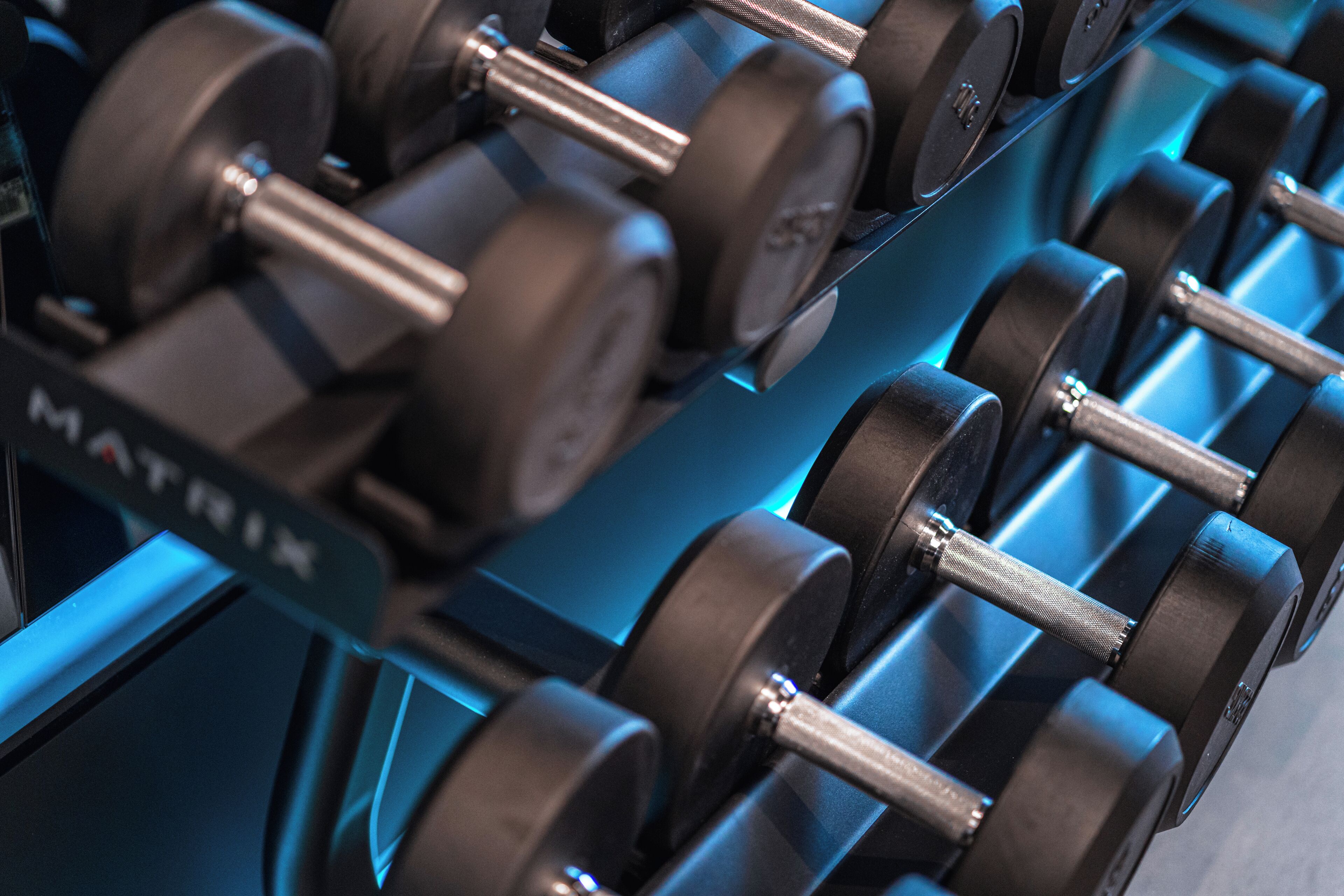 Um suporte com halteres pretos, com a marca "MATRIX" visível na lateral.