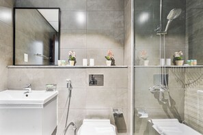 Douche, séchoir à cheveux, serviettes fournies