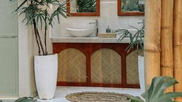 Hair dryer, bidet, towels, soap