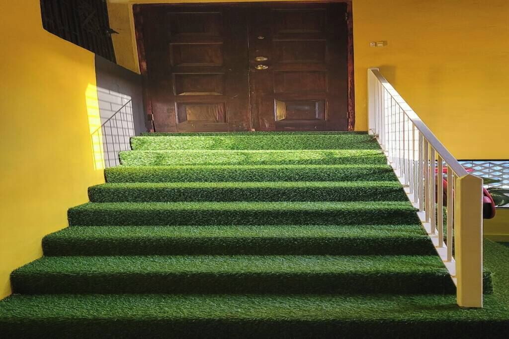 A staircase with artificial grass steps leading to a wooden door.