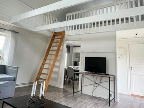 A living room with a wooden ladder, a television, and a desk with cables. - 4 Person Holiday Home in Berga (Berga)