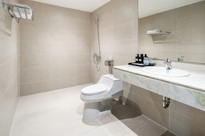 Shower, hydromassage showerhead, free toiletries, hair dryer