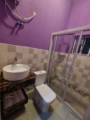 Regadera, bidet, toallas, jabón 