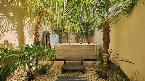 A small, enclosed outdoor area with a wooden bench, a small table with a bottle and glass, and a variety of plants including palm trees. - Atypical suite with private jacuzzi - downtown Cognac (Cognac)