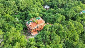 A two-story house surrounded by dense forest, with a visible patio and a small pool. - Ocean Views w/ Rooftop Lounge (Mazunte)