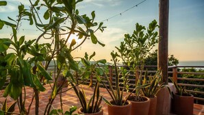 A terrace with potted plants and a view of the sea. - Ocean Views w/ Rooftop Lounge (Mazunte)