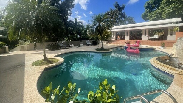 Une piscine à l’eau d’un bleu cristallin, entourée de palmiers et dotée d’un espace détente abrité.