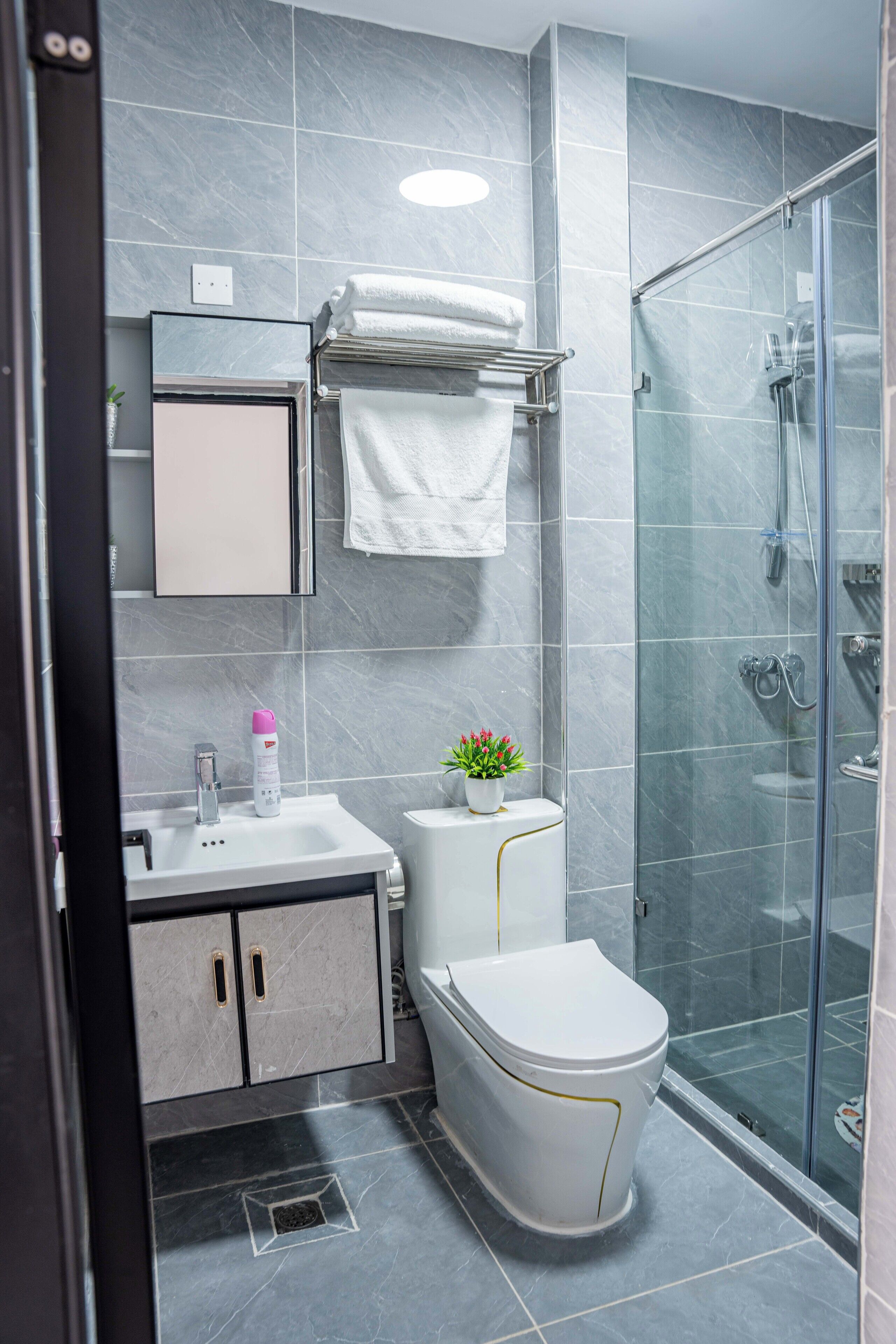 A modern bathroom with a glass shower enclosure, a white toilet, and a sink with a mirror above it.