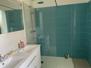 Shower, hair dryer, towels, soap