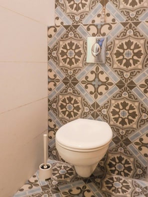 Shower, towels, soap, toilet paper