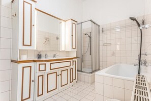 Hair dryer, towels, soap, shampoo