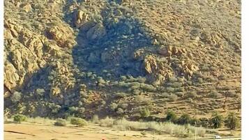 A red building with a green roof, surrounded by a dry landscape and a rocky hill in the background.