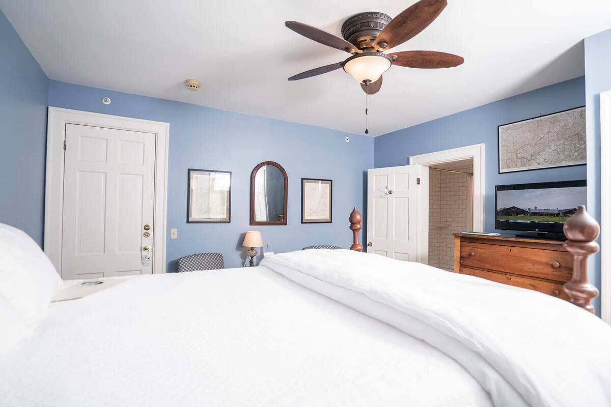 A bedroom with a bed, a ceiling fan, a dresser, a TV, and a door.