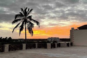 Terraço com palmeira, um edifício e um pôr do sol.