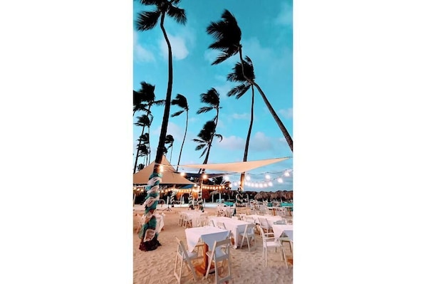 A beachside restaurant with outdoor seating, palm trees, and string lights.