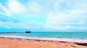 Une plage avec un épave de navire, une jetée et plusieurs bateaux.