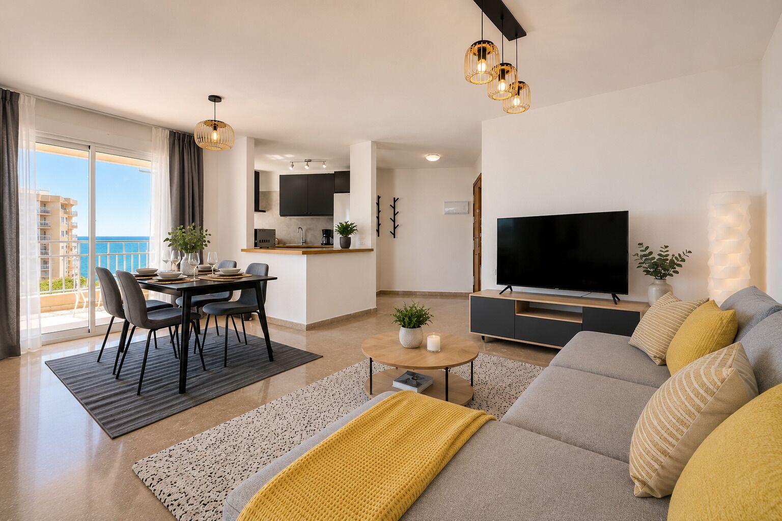 A modern apartment with a dining area, living room, and kitchen.