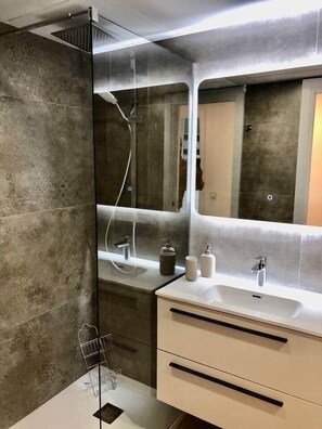 Hair dryer, towels, soap