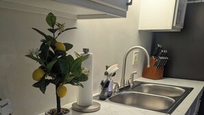 Cozinha com bancada de mármore branco, pia e uma árvore de limoeiro em vaso.