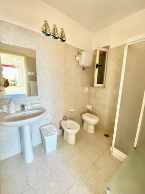 Douche, sèche-cheveux, bidet, serviettes fournies