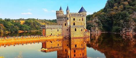 Un castillo con múltiples torres, un foso y un puente.