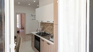 Een moderne keuken met een gasfornuis, spoelbak en houten kastjes.