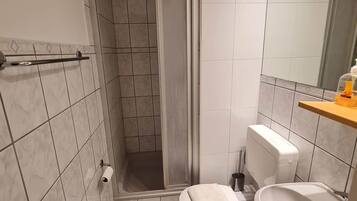 A compact bathroom with a shower, toilet, and sink.