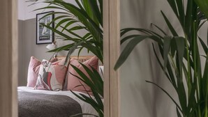 Quarto com cama, almofadas, um quadro na parede e uma planta em vaso.