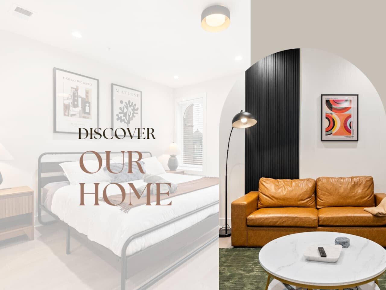 A modern bedroom with a bed, bedside table, and a nightstand. There is a large window with blinds, a wall-mounted artwork, and a floor lamp. The room has a minimalist design with neutral colors.